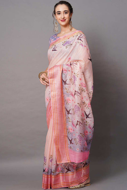 Buy Bindu Peach Floral Printed Linen Blend One Minute Saree Online - Back