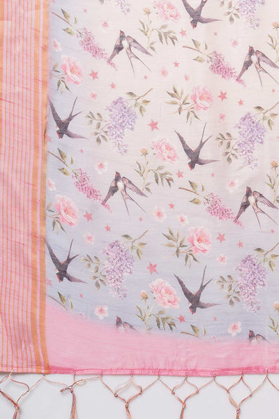 Buy Bindu Peach Floral Printed Linen Blend One Minute Saree Online - Front