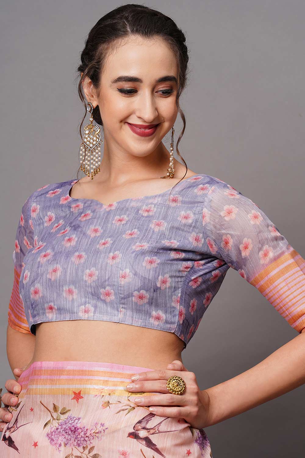 Buy Bindu Peach Floral Printed Linen Blend One Minute Saree Online - Side