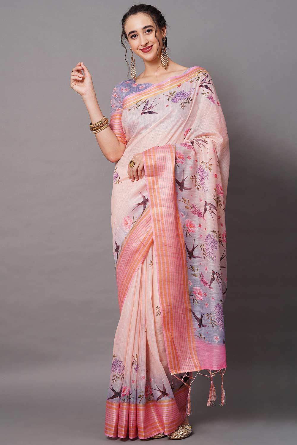 Buy Bindu Peach Floral Printed Linen Blend One Minute Saree Online - One Minute Saree