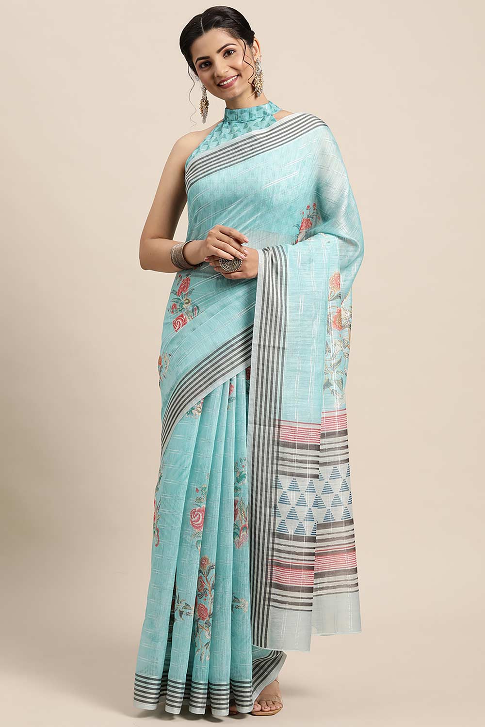 Buy Bimala Blue Soft Silk Floral Printed Banarasi One Minute Saree Online - One Minute Saree