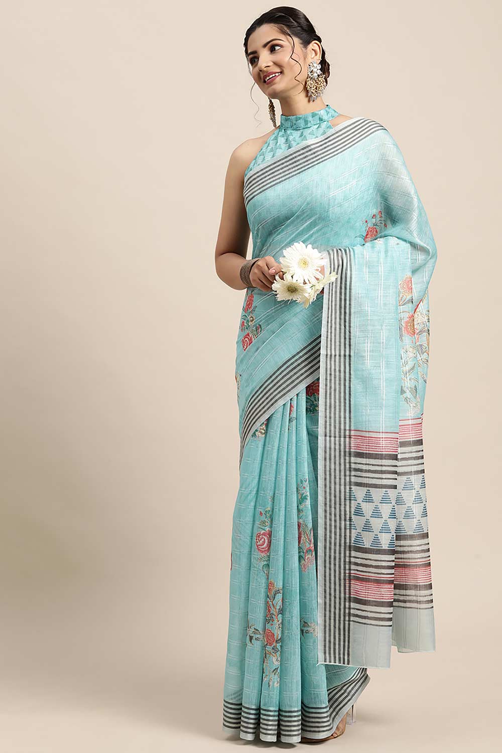 Buy Bimala Blue Soft Silk Floral Printed Banarasi One Minute Saree Online - Back