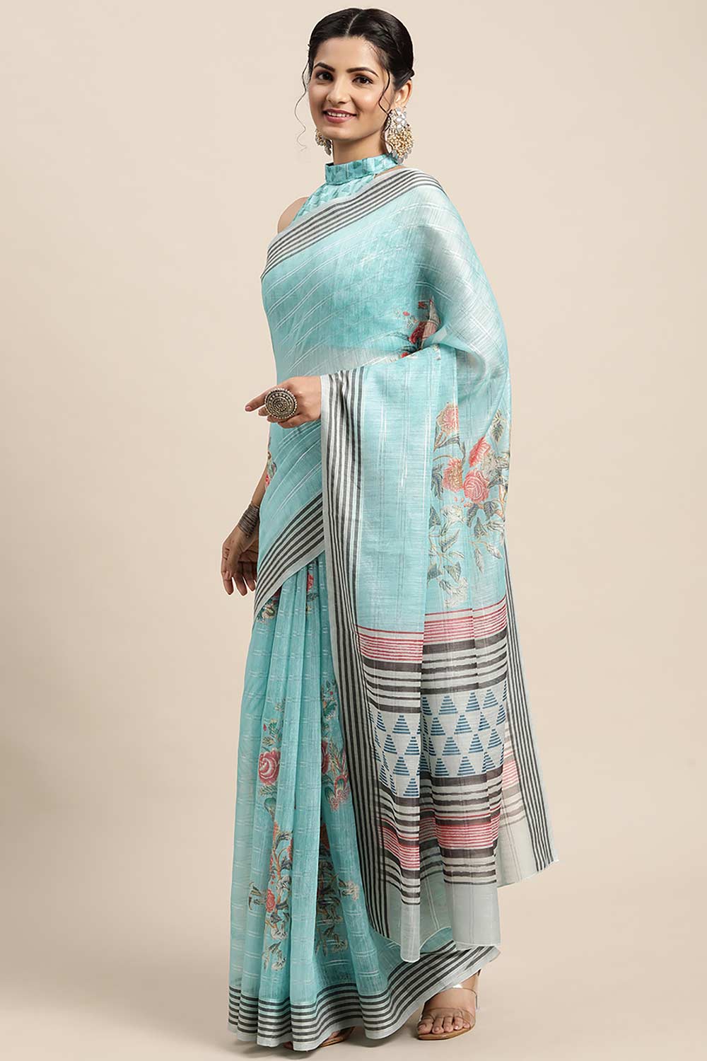 Buy Bimala Blue Soft Silk Floral Printed Banarasi One Minute Saree Online - Front