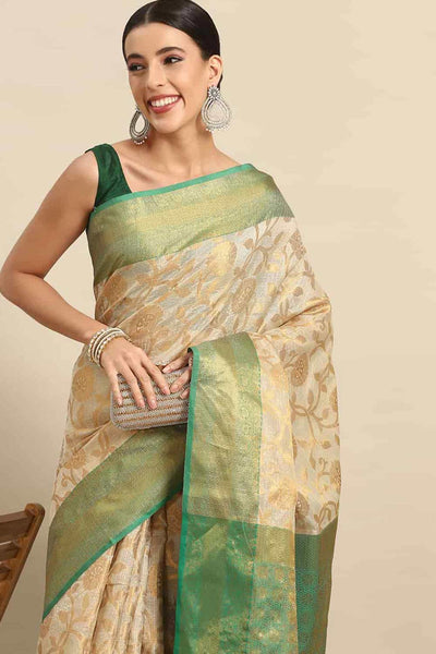 Buy Fiona Beige Tusser Art Silk Floral Banarasi One Minute Saree Online