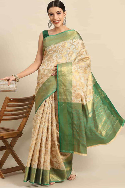 Buy Fiona Beige Tusser Art Silk Floral Banarasi One Minute Saree Online - One Minute Saree