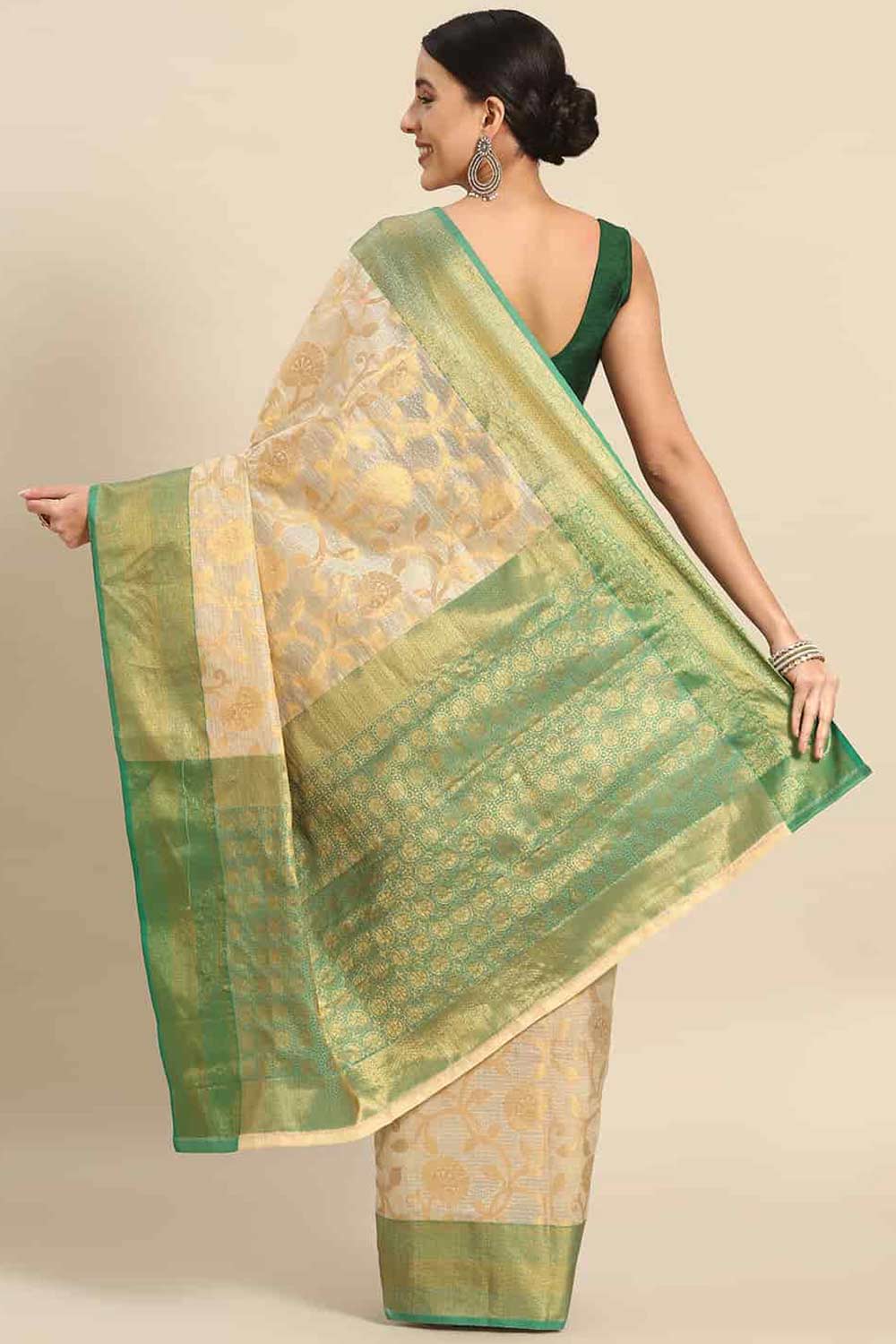 Shop Fiona Beige Tusser Art Silk Floral Banarasi One Minute Saree at best offer at our  Store - One Minute Saree