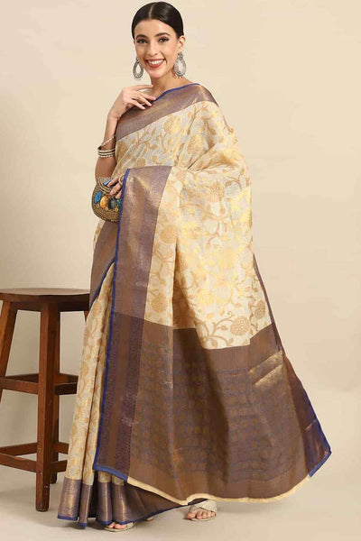 Buy Bianca Beige Tusser Art Silk Floral Banarasi One Minute Saree Online - One Minute Saree