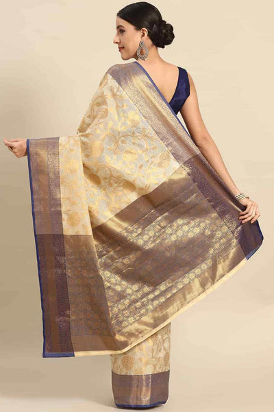 Buy Beige Tusser Art Silk Floral Printed Banarasi Saree Online - Front 