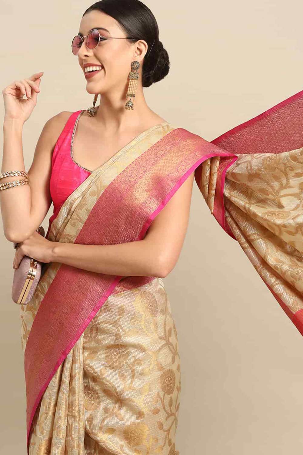 Buy Priya Beige Tusser Art Silk Floral Banarasi One Minute Saree Online