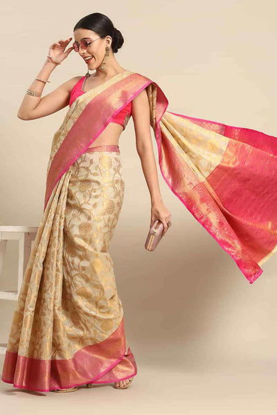 Buy Priya Beige Tusser Art Silk Floral Banarasi One Minute Saree Online - One Minute Saree