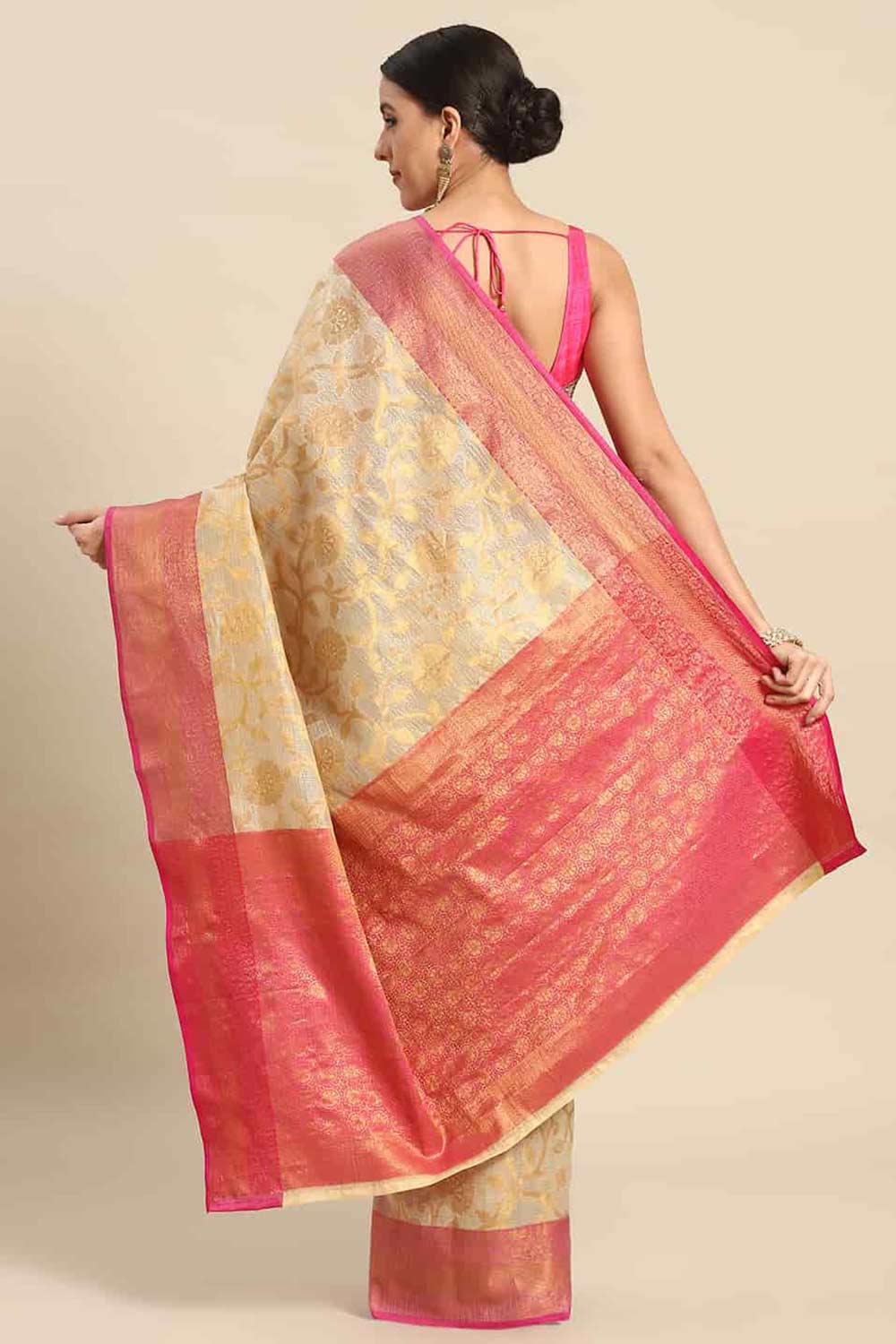 Shop Priya Beige Tusser Art Silk Floral Banarasi One Minute Saree at best offer at our  Store - One Minute Saree
