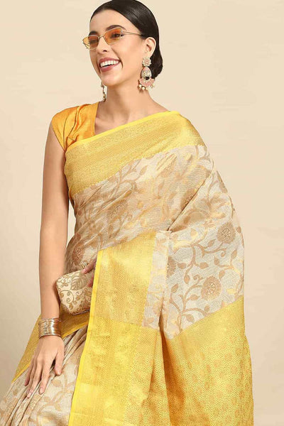 Buy Divya Beige Tusser Art Silk Floral Banarasi One Minute Saree Online