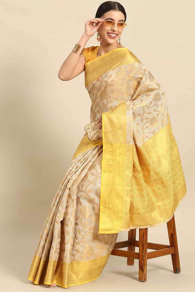 Buy Divya Beige Tusser Art Silk Floral Banarasi One Minute Saree Online - One Minute Saree