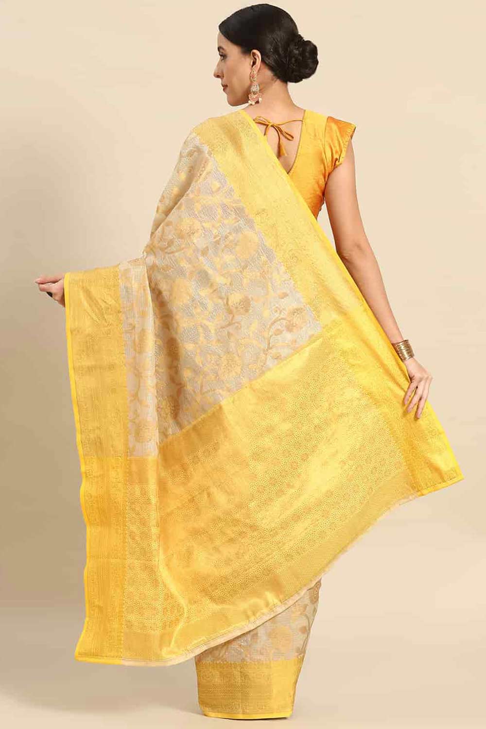 Buy Beige Tusser Art Silk Floral Printed Banarasi Saree Online - Back 