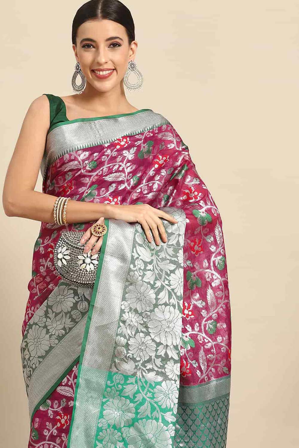 Buy Sudha Pink Art Silk Floral Banarasi One Minute Saree Online