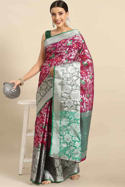 Buy Sudha Pink Art Silk Floral Banarasi One Minute Saree Online - One Minute Saree