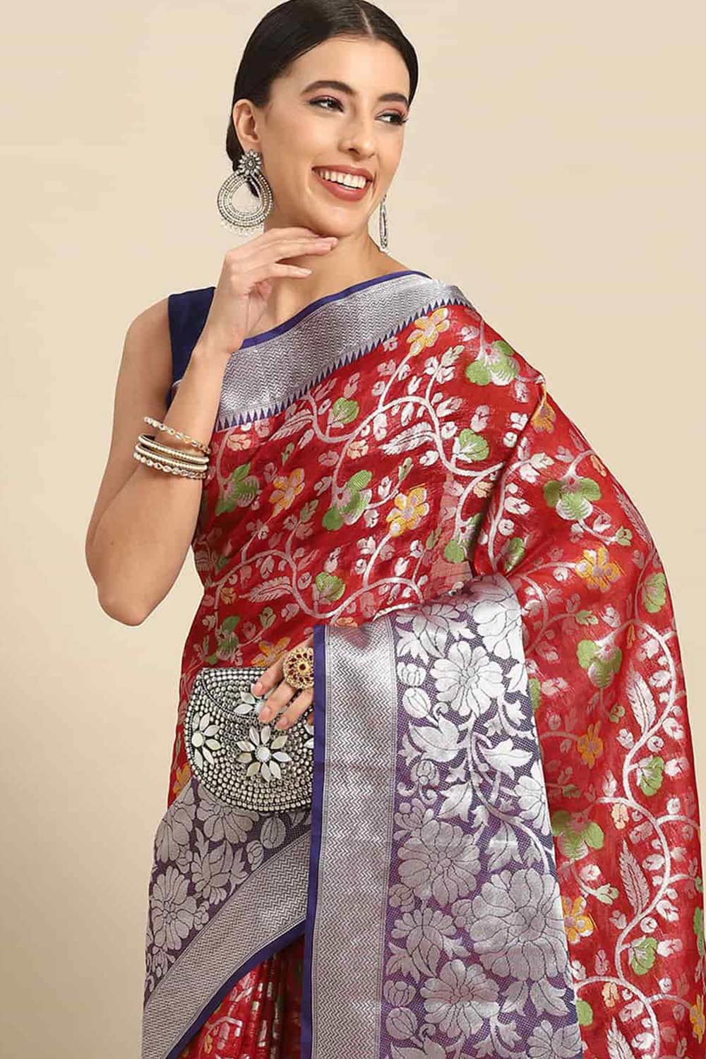 Buy Anvi Red Art Silk Floral Banarasi One Minute Saree Online