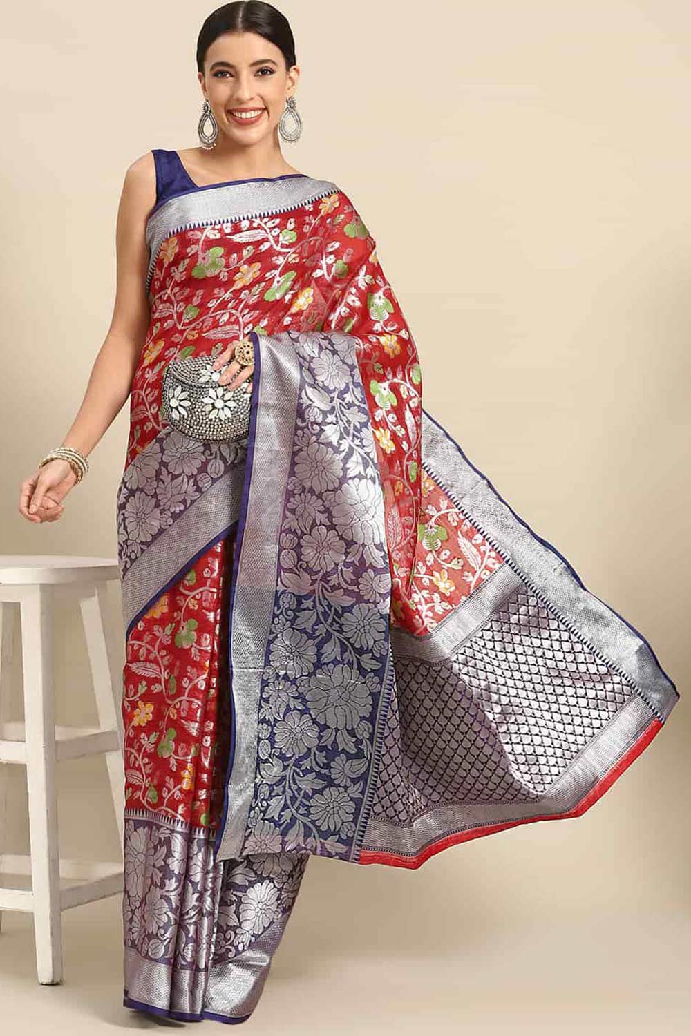 Buy Anvi Red Art Silk Floral Banarasi One Minute Saree Online - One Minute Saree
