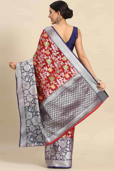Buy Red Art Silk Floral Printed Banarasi Saree Online - Back 