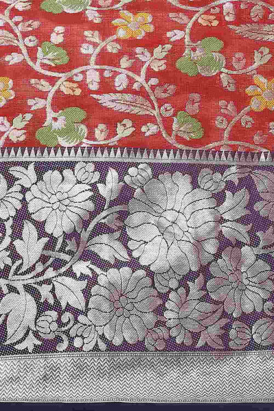 Buy Anvi Red Art Silk Floral Banarasi One Minute Saree Online - Back