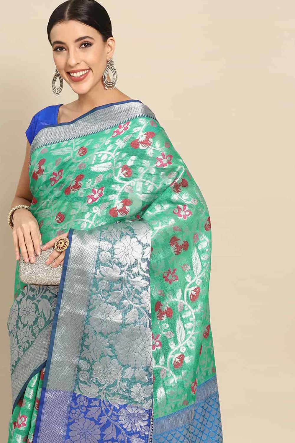 Buy Teal Art Silk Floral Printed Banarasi One Minute Saree Online 