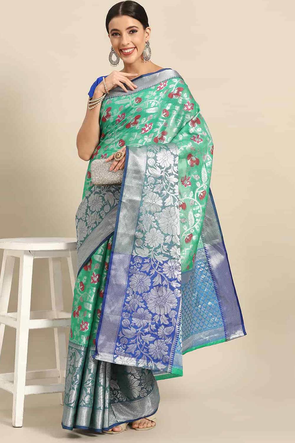 Buy Trisha Teal Art Silk Floral Banarasi One Minute Saree Online - One Minute Saree