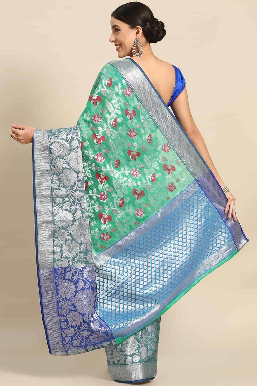 Shop Trisha Teal Art Silk Floral Banarasi One Minute Saree at best offer at our  Store - One Minute Saree