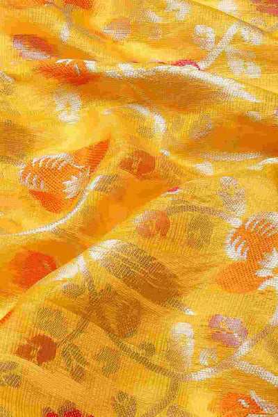 Buy Yellow Art Silk Floral Printed Banarasi Saree Online - Side 