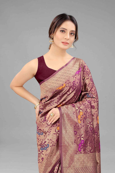 Buy Wine Silk Floral Printed Banarasi Saree Online - Zoom In 