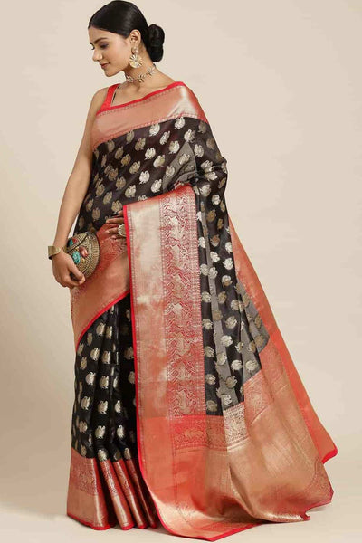 Buy Anjjana Black Art Silk Peacock Print Banarasi One Minute Saree Online - One Minute Saree