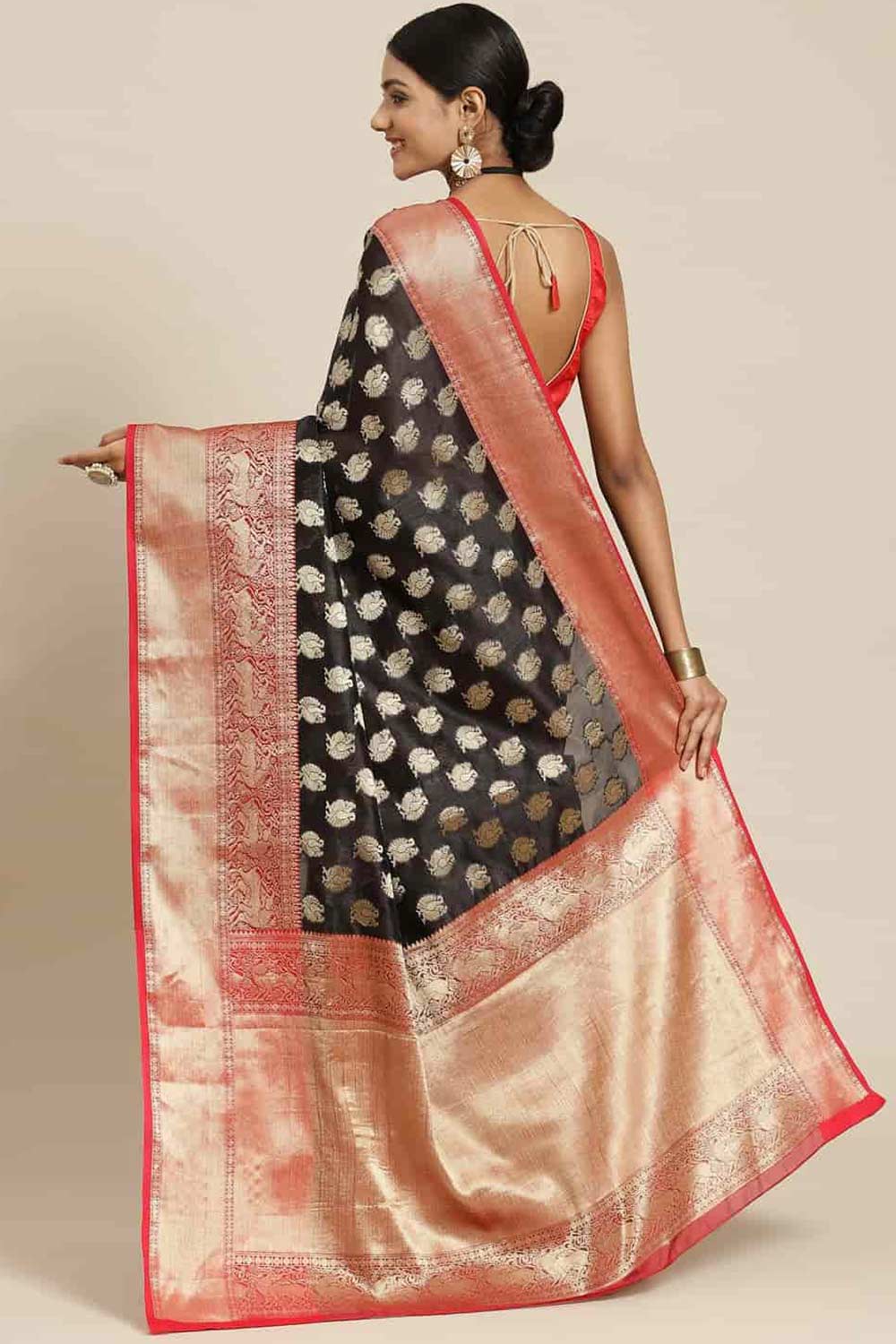 Shop Anjjana Black Art Silk Peacock Print Banarasi One Minute Saree at best offer at our  Store - One Minute Saree