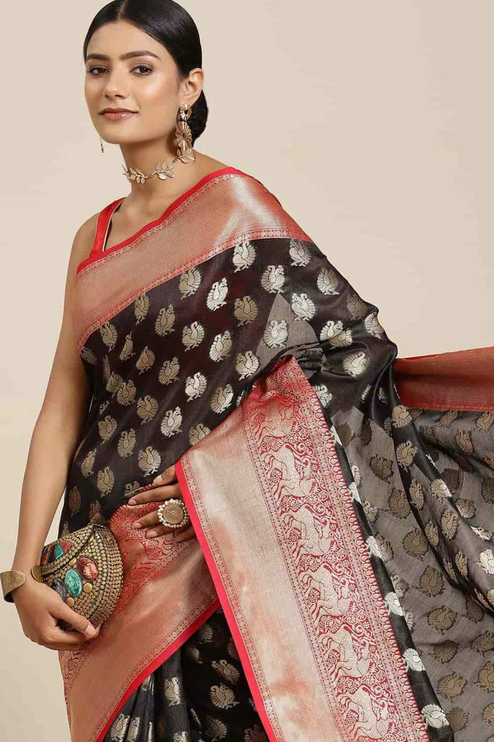 Buy Anjjana Black Art Silk Peacock Print Banarasi One Minute Saree Online