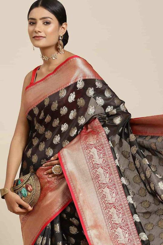 Buy Anjjana Black Art Silk Peacock Print Banarasi One Minute Saree Online