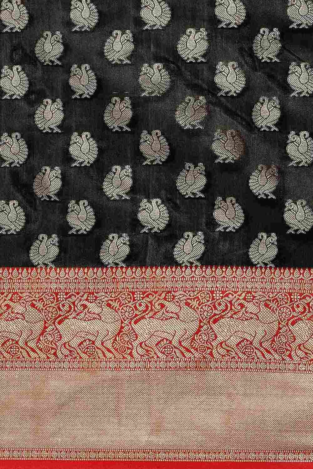 Buy Anjjana Black Art Silk Peacock Print Banarasi One Minute Saree Online - Side