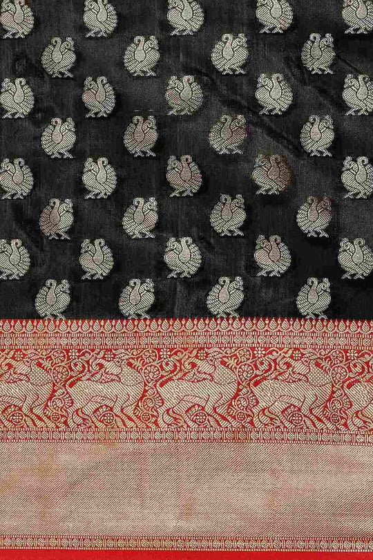 Buy Anjjana Black Art Silk Peacock Print Banarasi One Minute Saree Online - Side