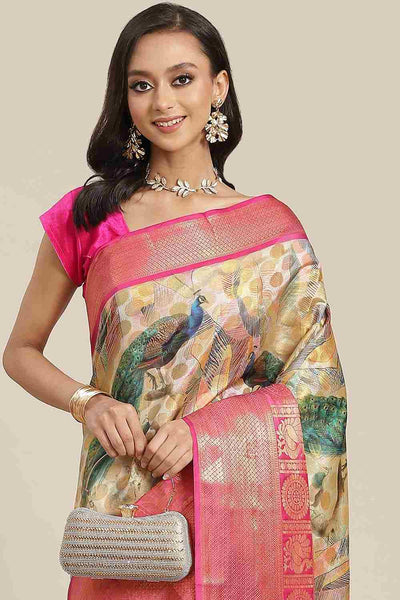 Buy Piku Beige Soft Art Silk Floral Printed Banarasi One Minute Saree Online