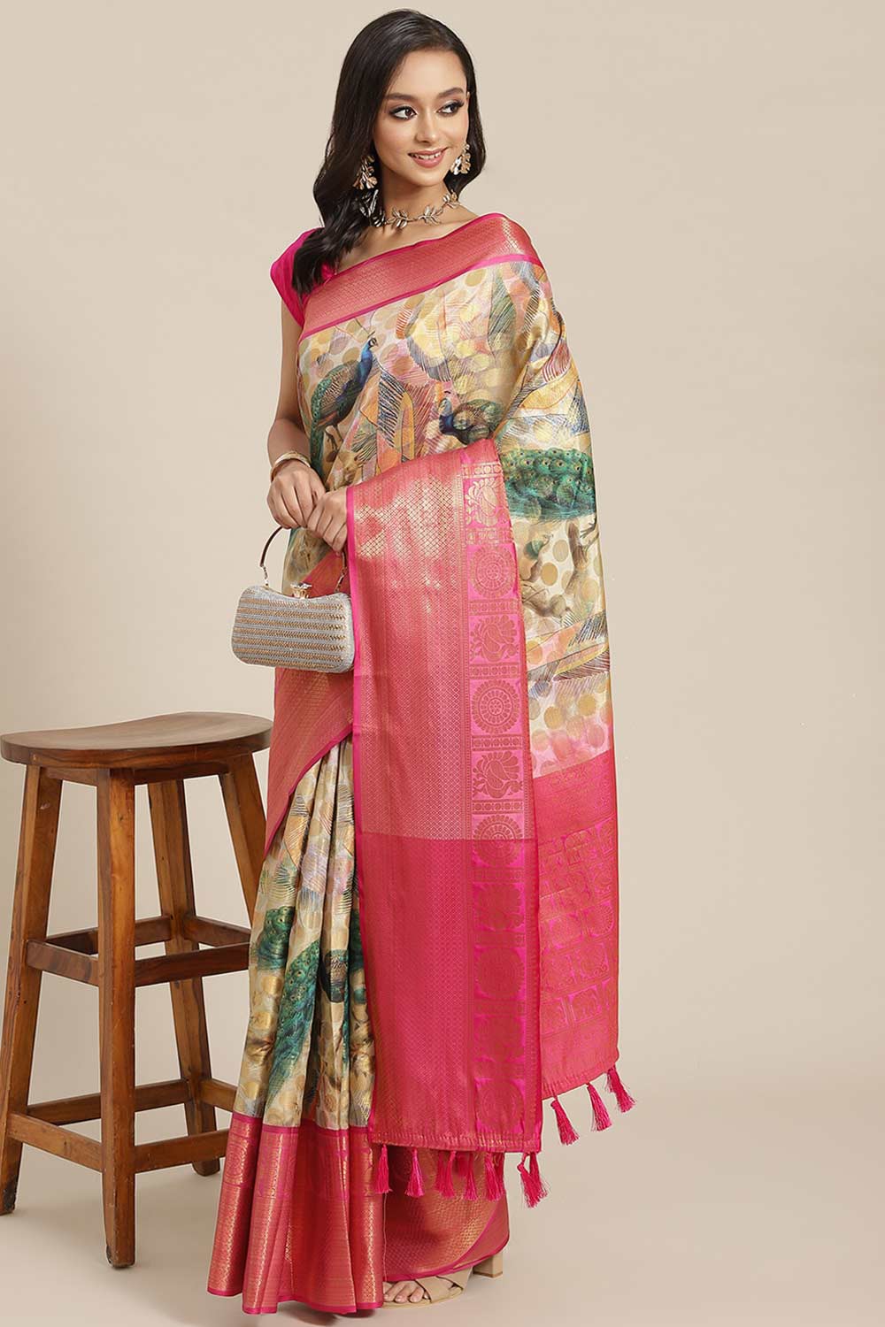 Buy Piku Beige Soft Art Silk Floral Printed Banarasi One Minute Saree Online - One Minute Saree