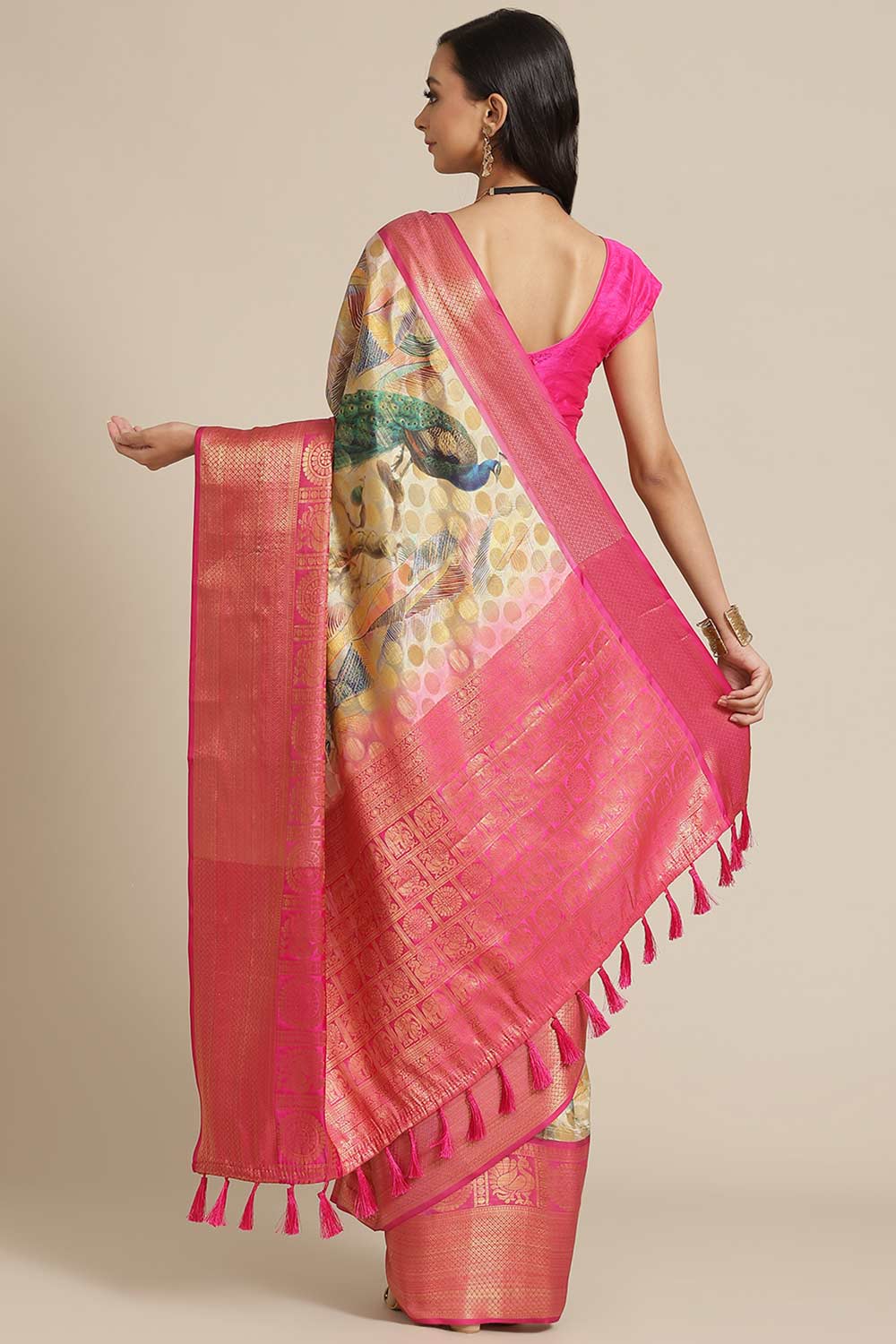 Shop Piku Beige Soft Art Silk Floral Printed Banarasi One Minute Saree at best offer at our  Store - One Minute Saree