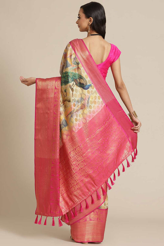 Shop Piku Beige Soft Art Silk Floral Printed Banarasi One Minute Saree at best offer at our  Store - One Minute Saree