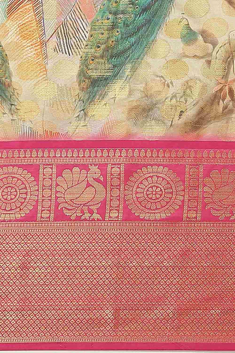 Buy Piku Beige Soft Art Silk Floral Printed Banarasi One Minute Saree Online - Back