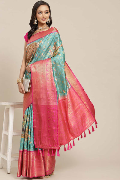 Buy Tina Teal Soft Art Silk Floral Printed Banarasi One Minute Saree Online - One Minute Saree