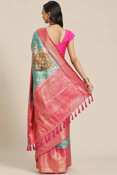 Buy Teal Soft Art Silk Floral Printed Banarasi Saree Online - Front 