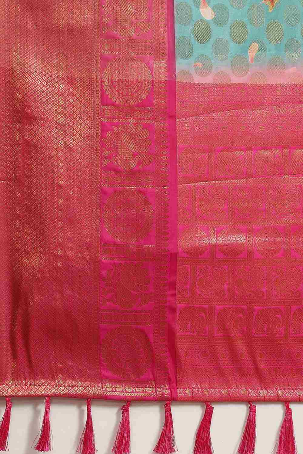 Buy Tina Teal Soft Art Silk Floral Printed Banarasi One Minute Saree Online - Back