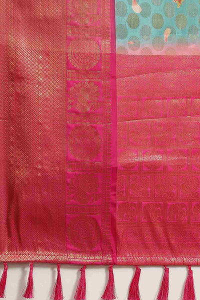 Buy Tina Teal Soft Art Silk Floral Printed Banarasi One Minute Saree Online - Back