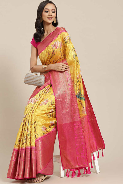 Buy Rani Yellow Soft Art Silk Floral Banarasi One Minute Saree Online - One Minute Saree