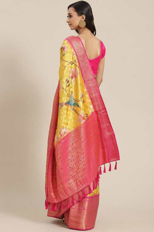 Shop Rani Yellow Soft Art Silk Floral Banarasi One Minute Saree at best offer at our  Store - One Minute Saree