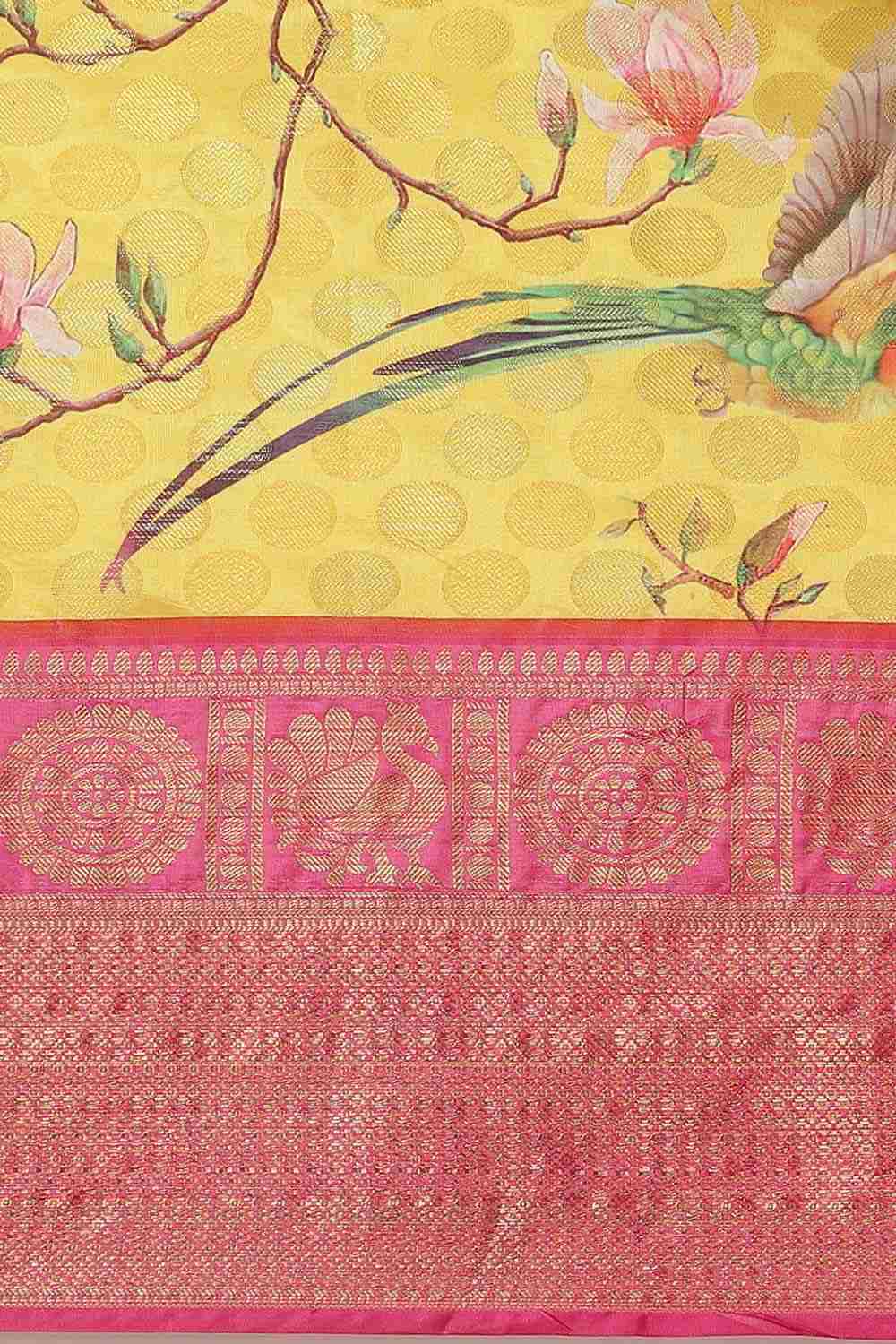 Buy Rani Yellow Soft Art Silk Floral Banarasi One Minute Saree Online