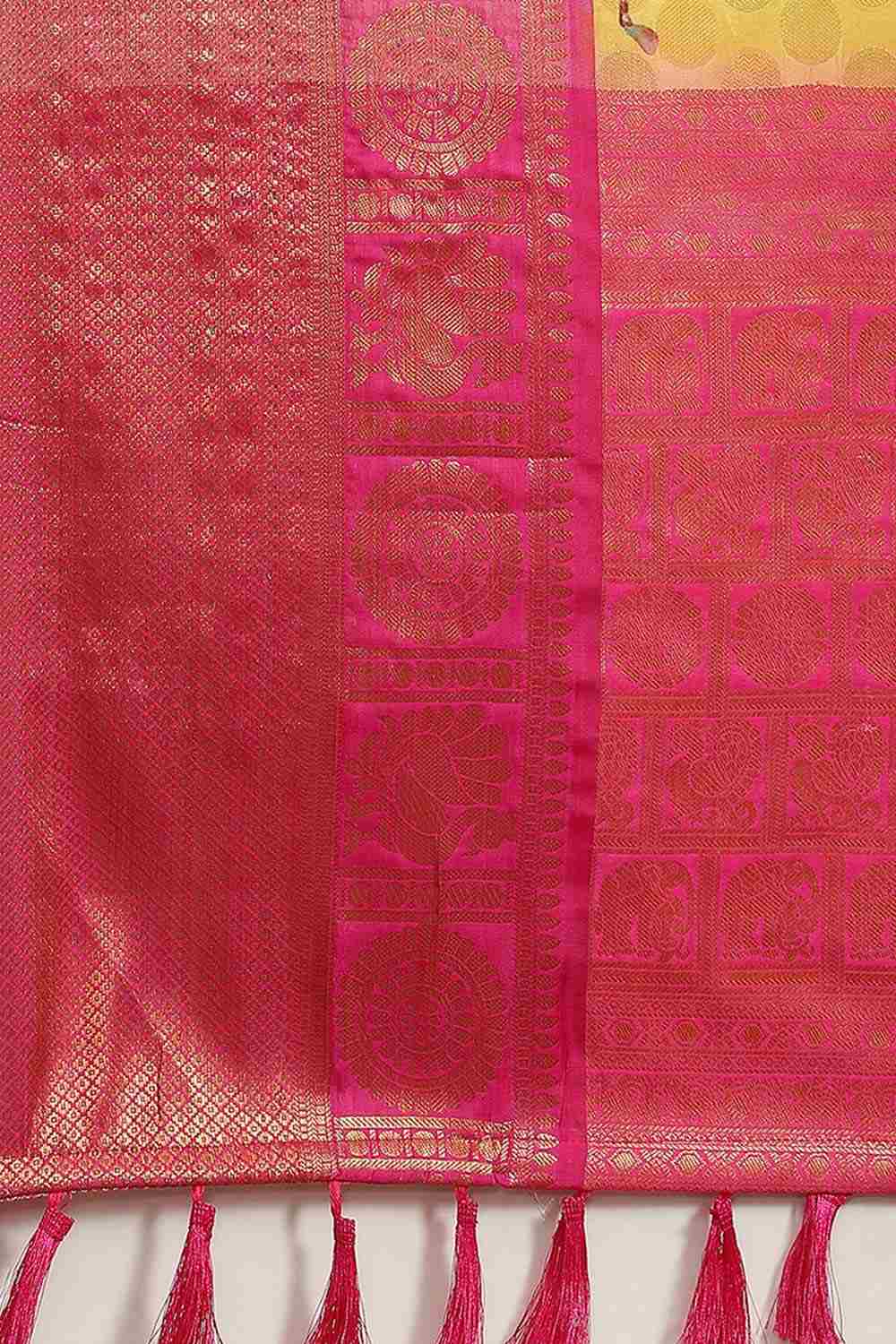 Buy Rani Yellow Soft Art Silk Floral Banarasi One Minute Saree Online - Back