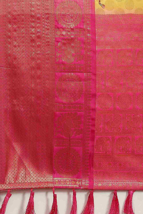 Buy Rani Yellow Soft Art Silk Floral Banarasi One Minute Saree Online - Back