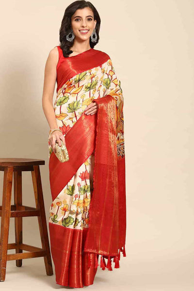 Buy Raya Beige Soft Art Silk Kalamkari Printed One Minute Saree Online - One Minute Saree